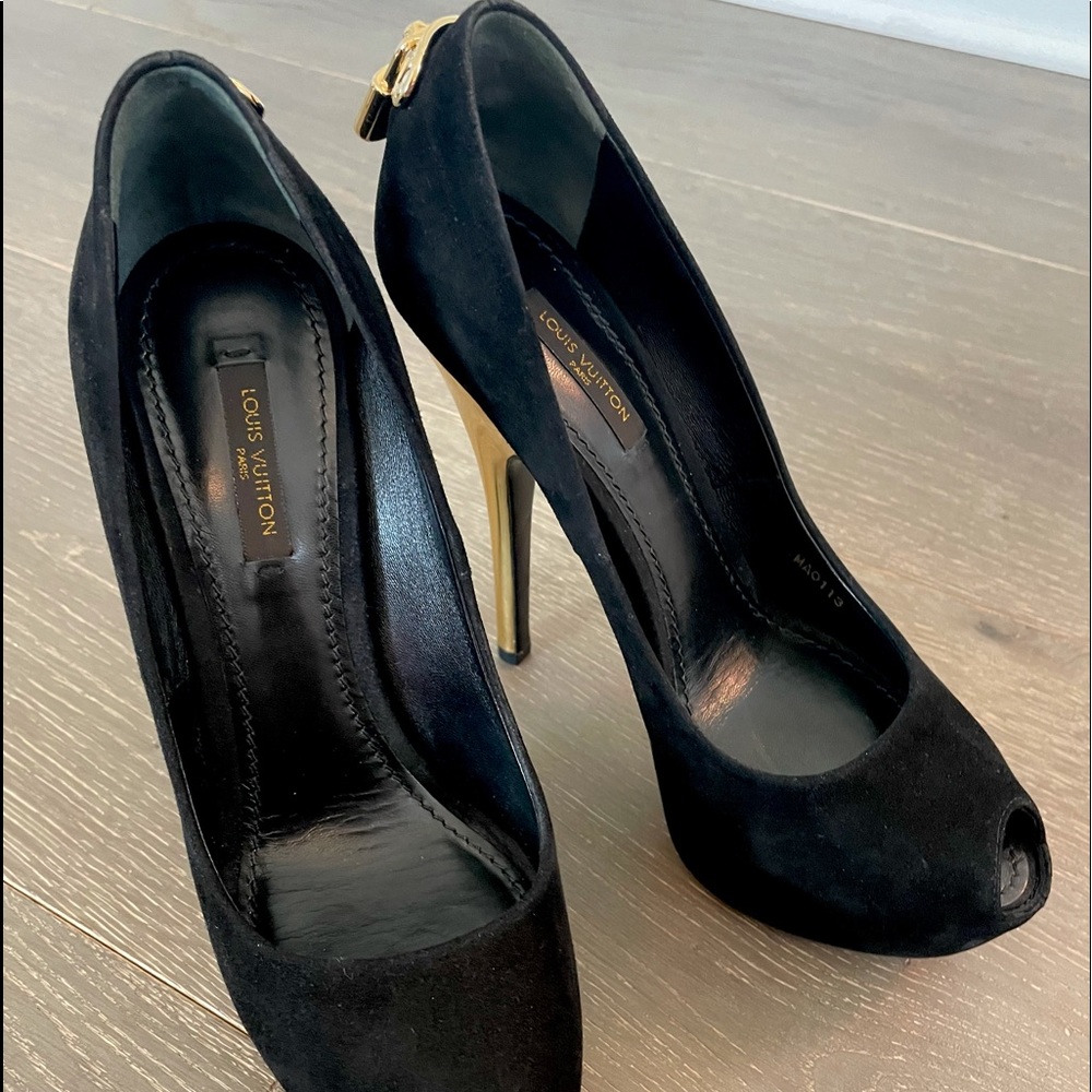 Louis Vuitton black suede heel with gold heel & clasps